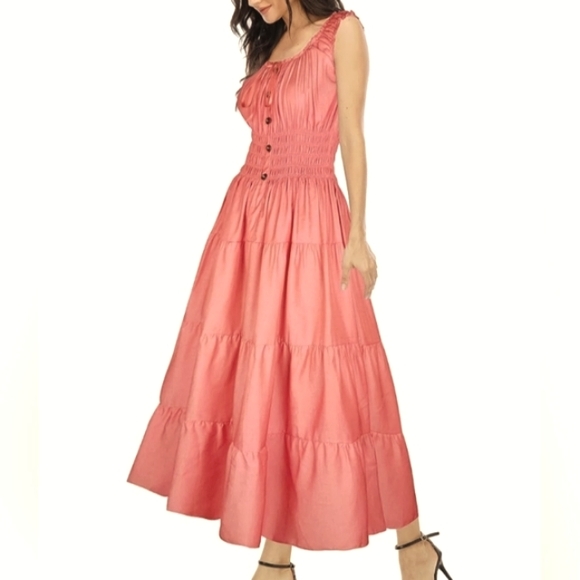 Coral Orange Retro Sun Dress Off Shoulder Tiered Maxi Long Prairie Sundress 50s - Picture 7 of 12